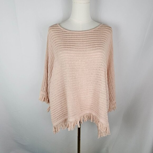 Anthropologie Akemi + Kin Frenchie Fringed Poncho Sweater Pink Sz Medium - Picture 2 of 12